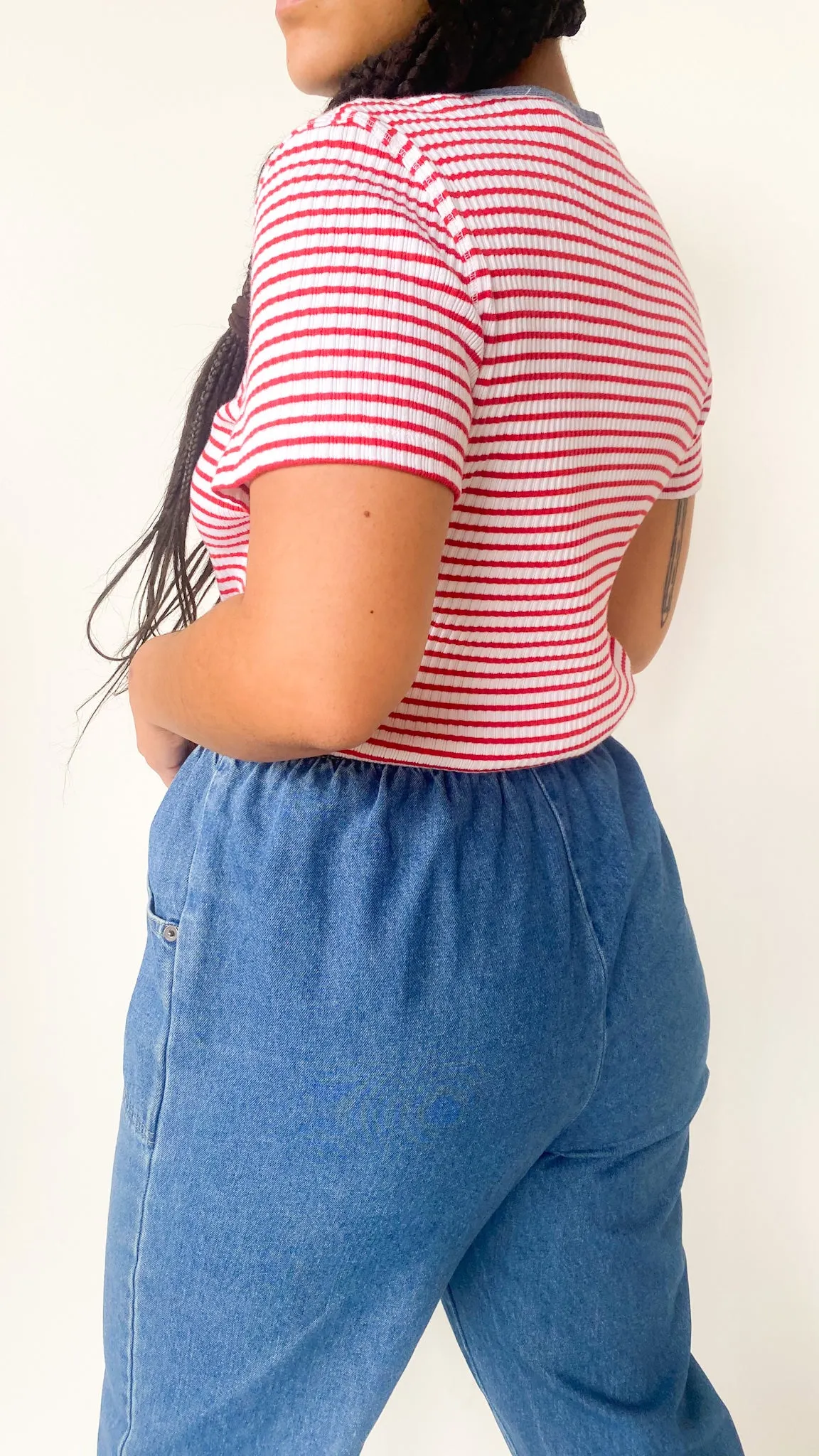 1990s Ribbed Liz Candy Striped Tee, sz. L