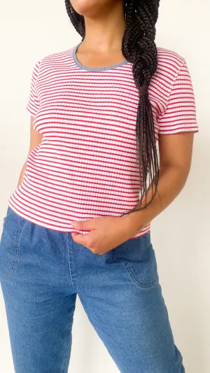 1990s Ribbed Liz Candy Striped Tee, sz. L