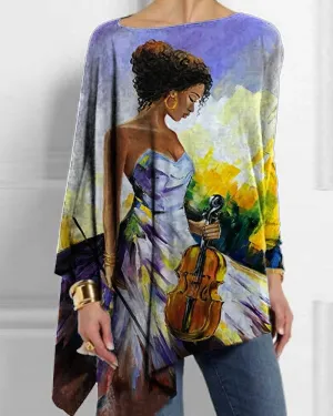 Artistic Black Women Dance Print Long Sleeve Irregular Hem Top