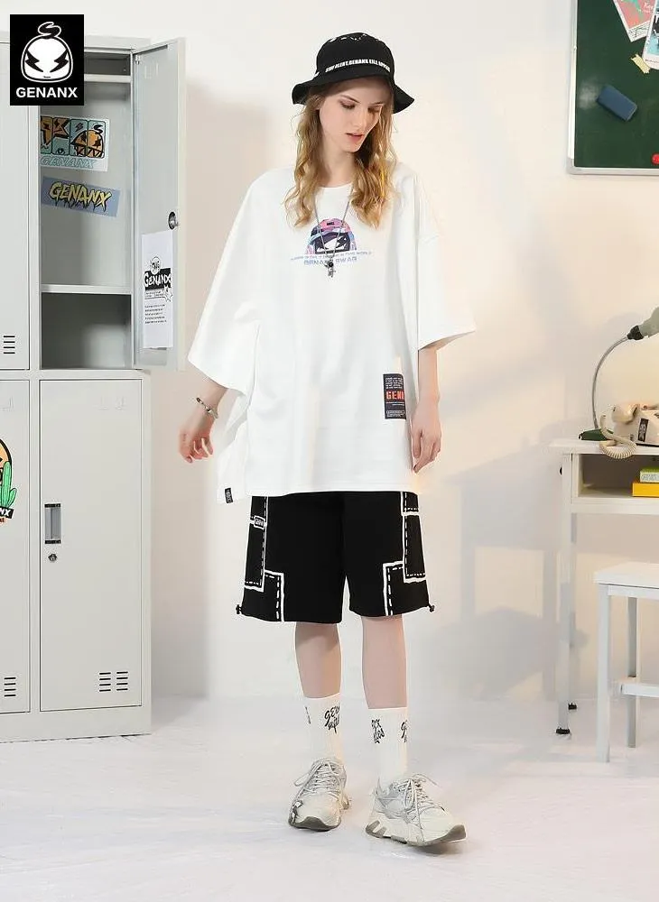Asymmetric Batwing Sleeve Graffiti Cartoon Print T-Shirt
