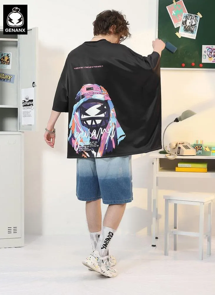 Asymmetric Batwing Sleeve Graffiti Cartoon Print T-Shirt