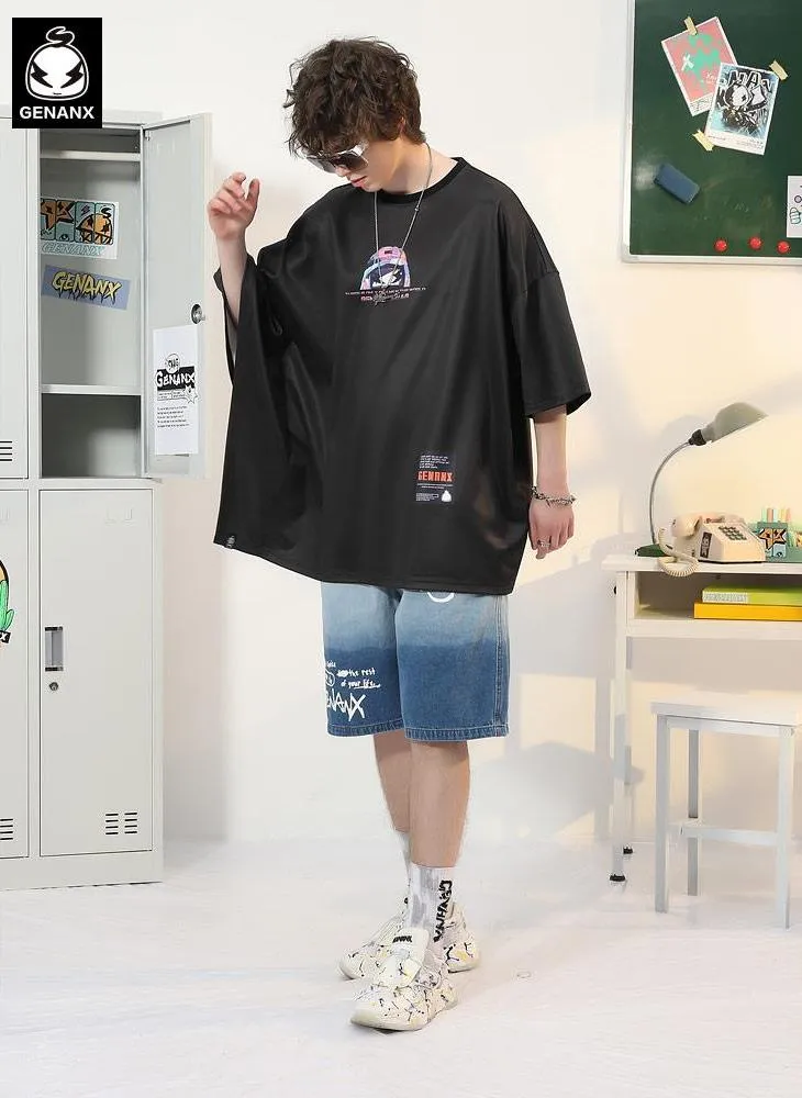 Asymmetric Batwing Sleeve Graffiti Cartoon Print T-Shirt