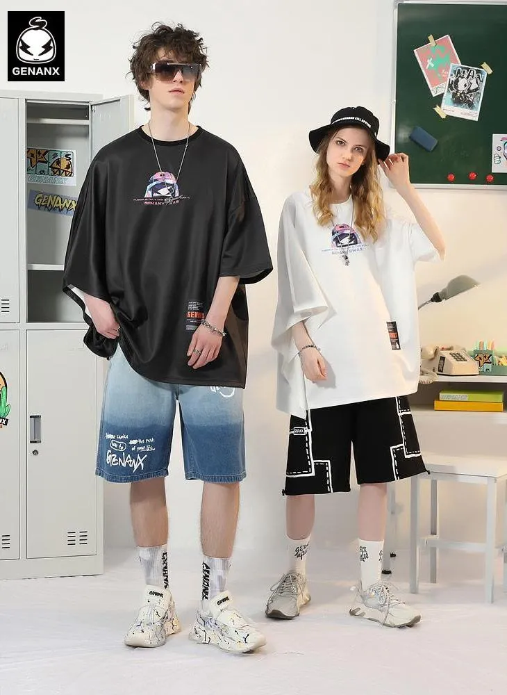 Asymmetric Batwing Sleeve Graffiti Cartoon Print T-Shirt