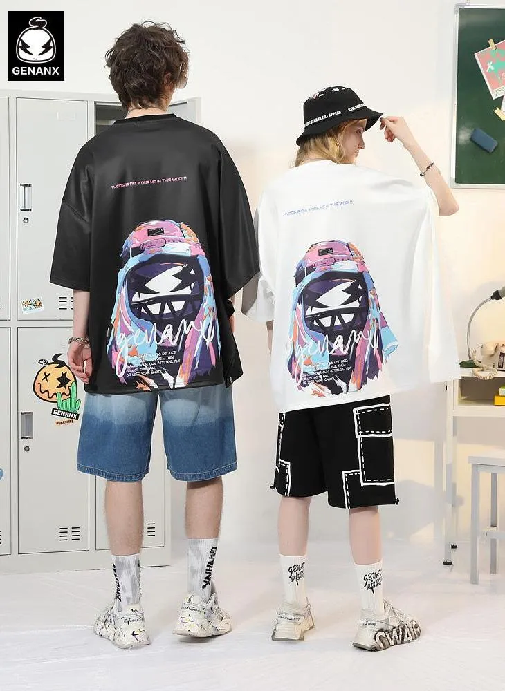 Asymmetric Batwing Sleeve Graffiti Cartoon Print T-Shirt