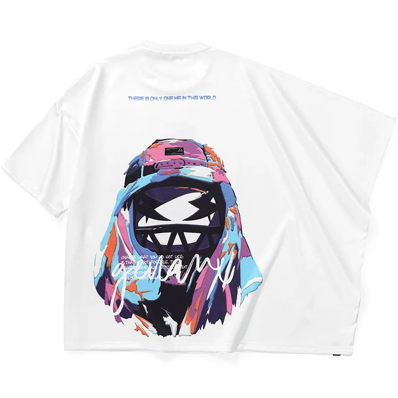Asymmetric Batwing Sleeve Graffiti Cartoon Print T-Shirt