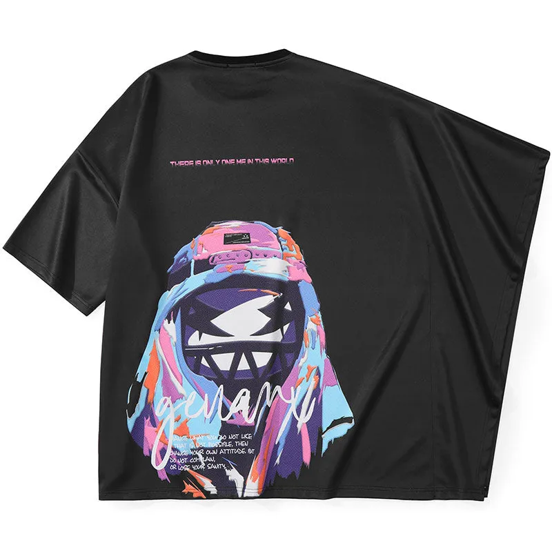 Asymmetric Batwing Sleeve Graffiti Cartoon Print T-Shirt