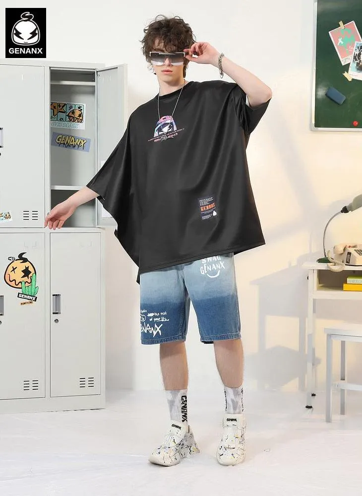 Asymmetric Batwing Sleeve Graffiti Cartoon Print T-Shirt