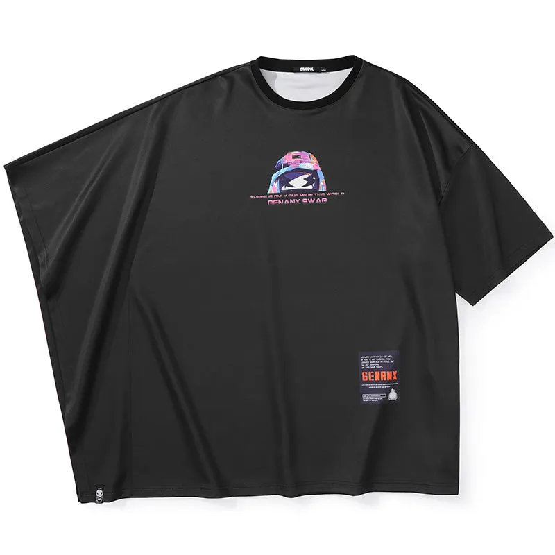 Asymmetric Batwing Sleeve Graffiti Cartoon Print T-Shirt