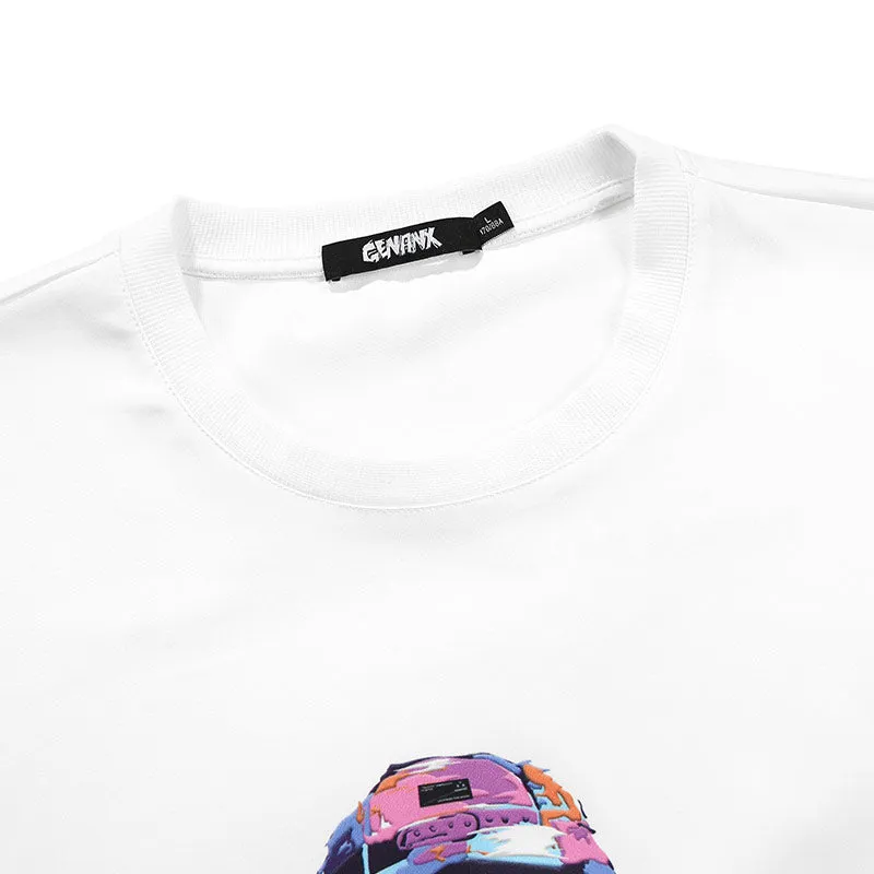 Asymmetric Batwing Sleeve Graffiti Cartoon Print T-Shirt