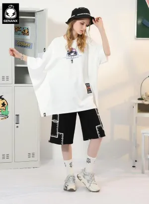 Asymmetric Batwing Sleeve Graffiti Cartoon Print T-Shirt