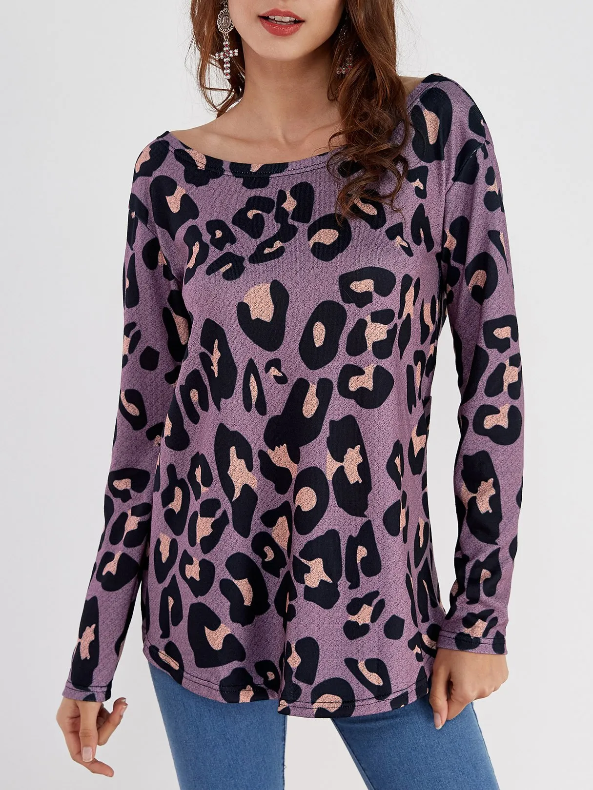 Bateau Leopard Backless Long Sleeve Purple T-Shirts
