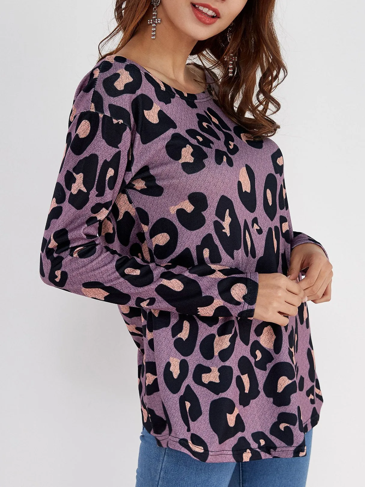 Bateau Leopard Backless Long Sleeve Purple T-Shirts