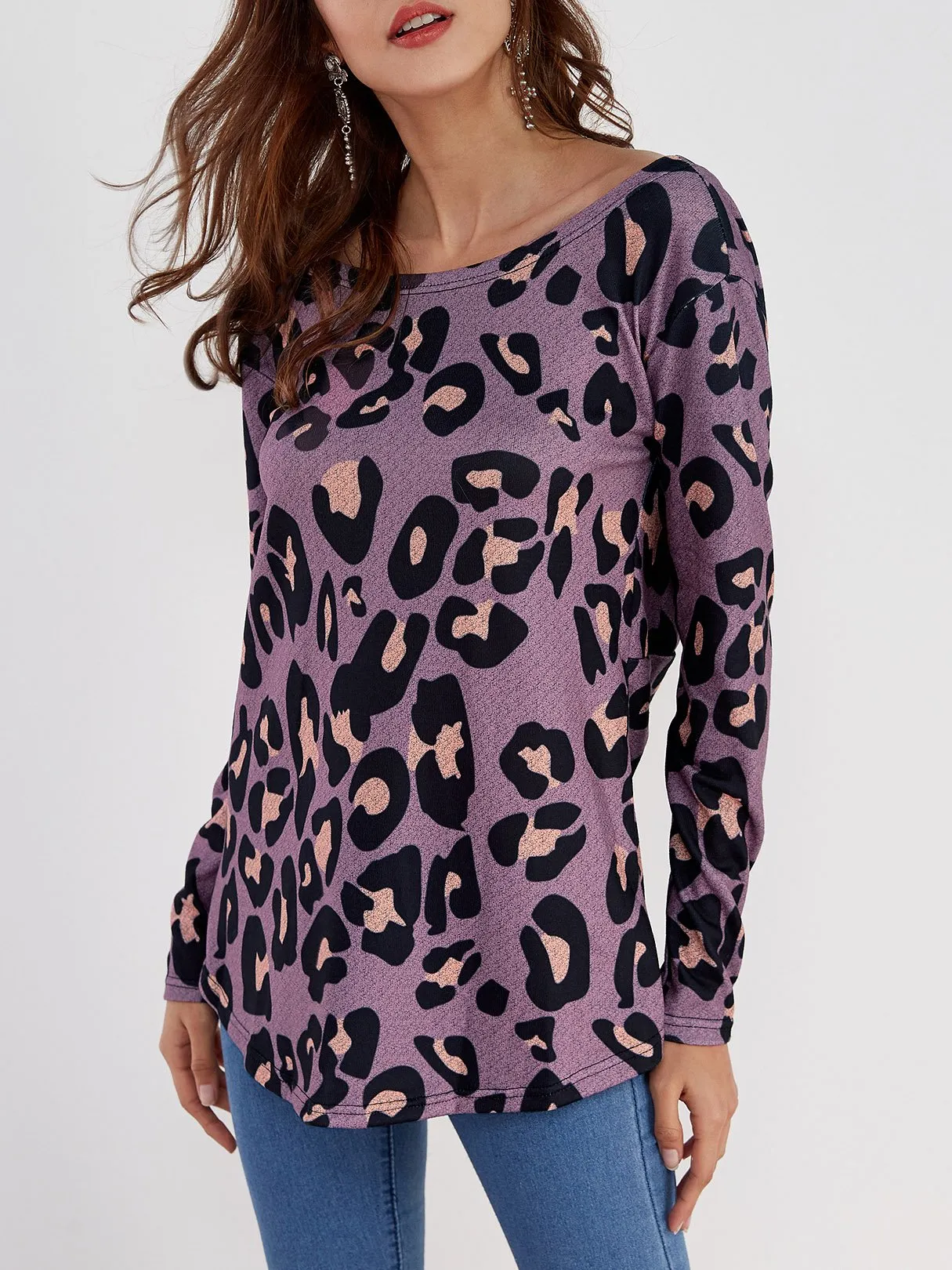 Bateau Leopard Backless Long Sleeve Purple T-Shirts