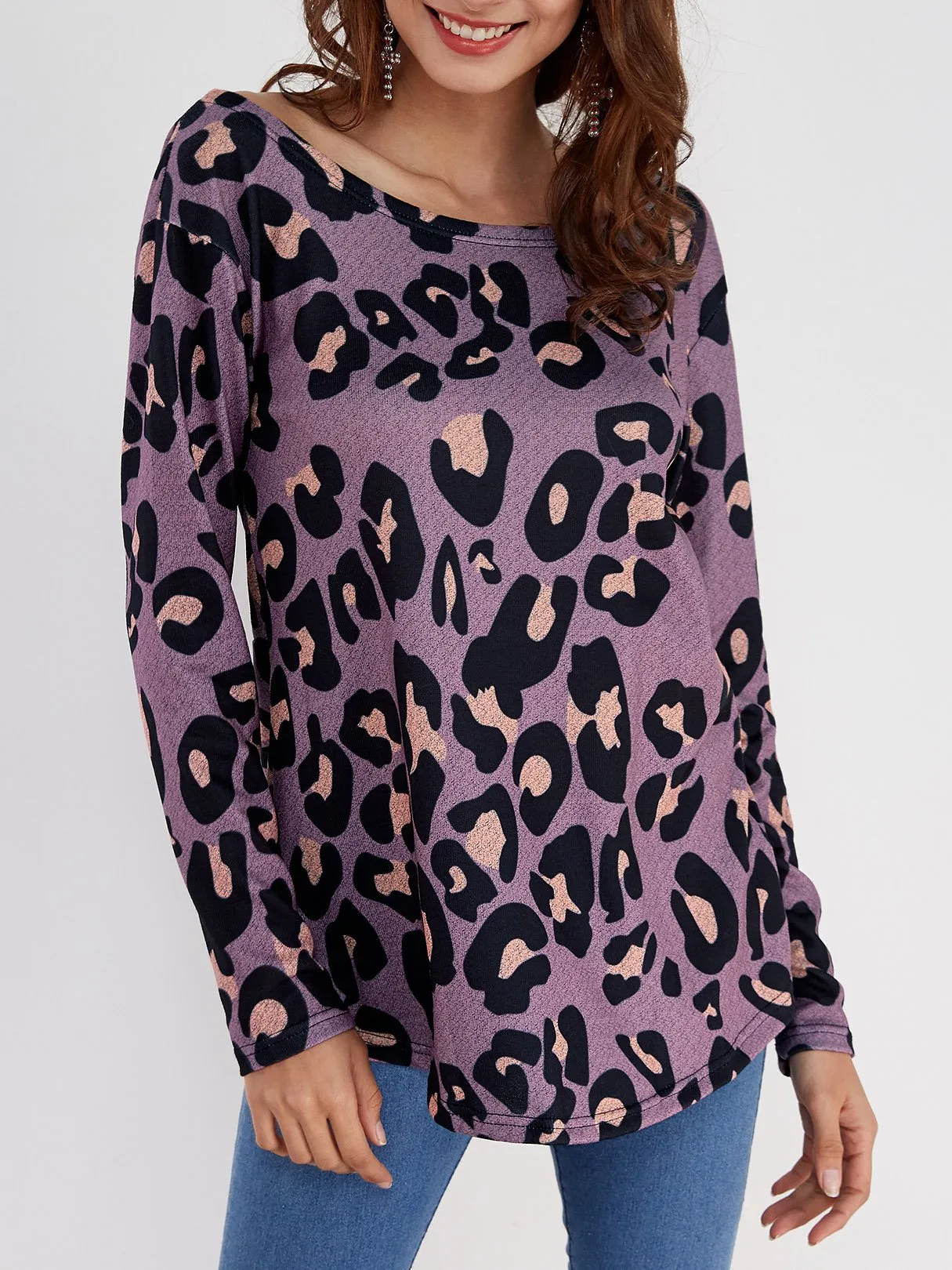 Bateau Leopard Backless Long Sleeve Purple T-Shirts