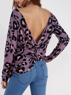 Bateau Leopard Backless Long Sleeve Purple T-Shirts