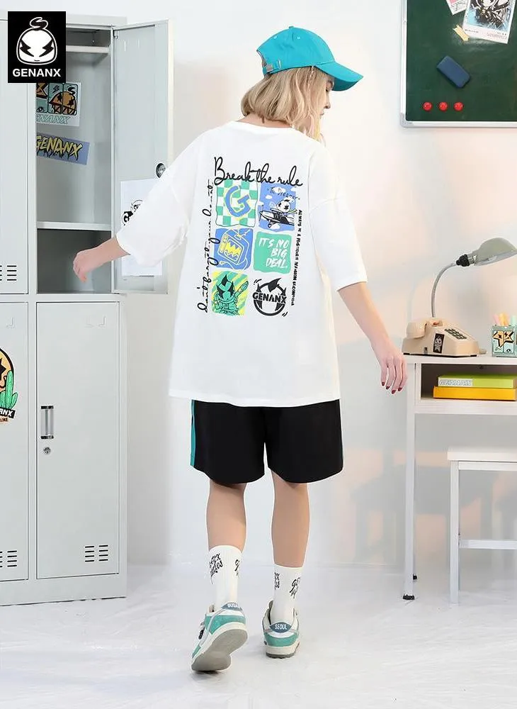 Cartoon Print Checkerboard Letter Embroidery Label Cord T-Shirt