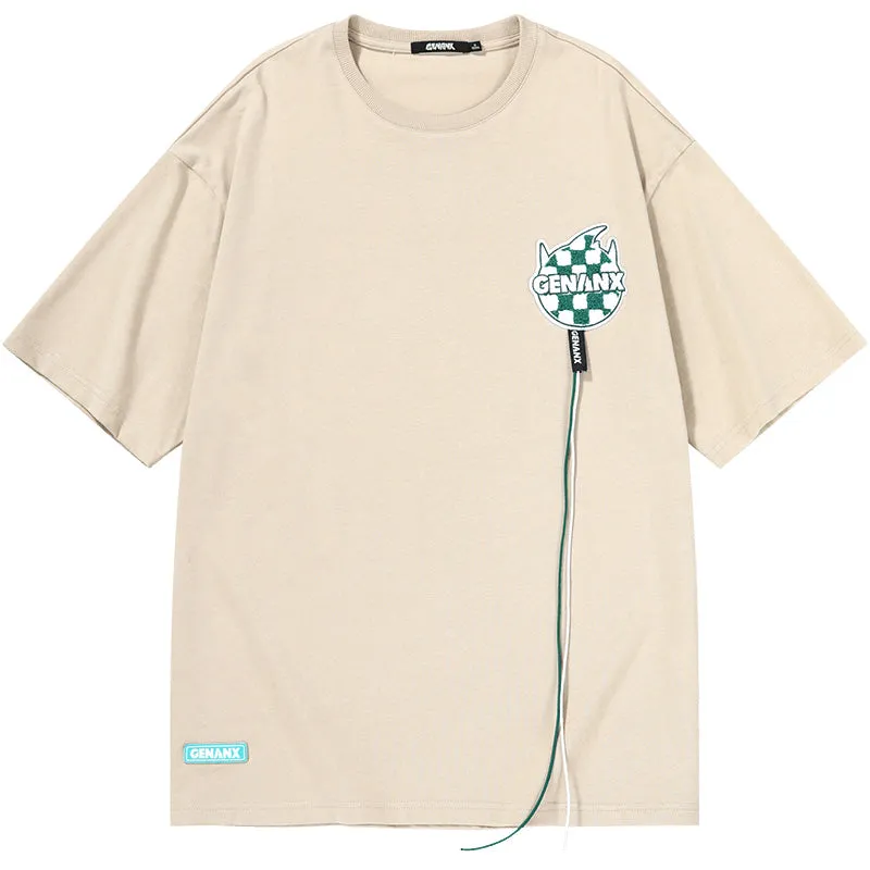 Cartoon Print Checkerboard Letter Embroidery Label Cord T-Shirt