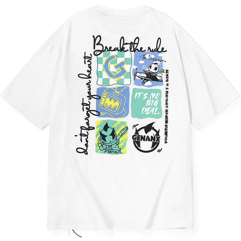 Cartoon Print Checkerboard Letter Embroidery Label Cord T-Shirt