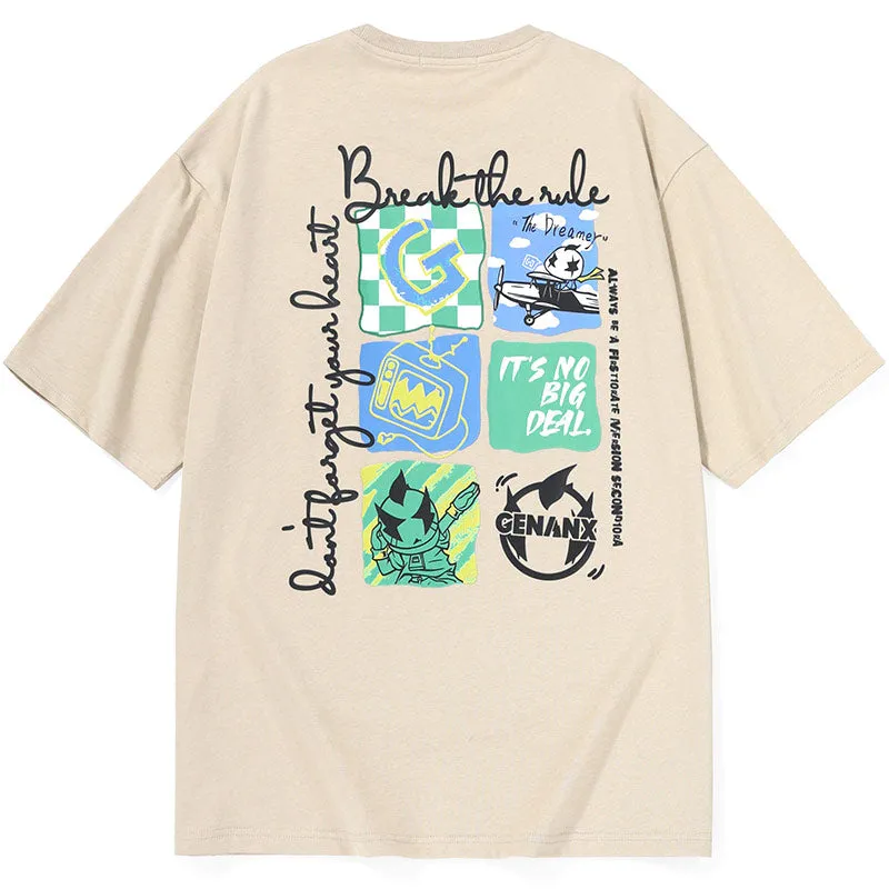 Cartoon Print Checkerboard Letter Embroidery Label Cord T-Shirt
