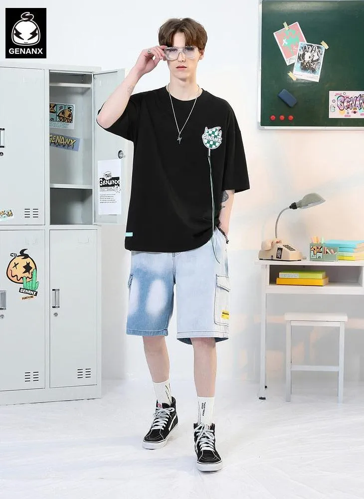 Cartoon Print Checkerboard Letter Embroidery Label Cord T-Shirt
