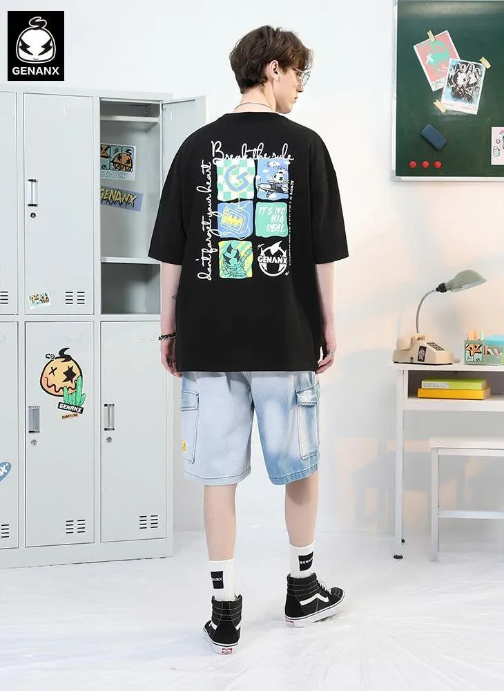 Cartoon Print Checkerboard Letter Embroidery Label Cord T-Shirt