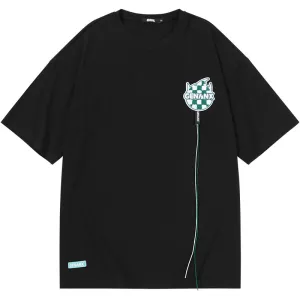 Cartoon Print Checkerboard Letter Embroidery Label Cord T-Shirt