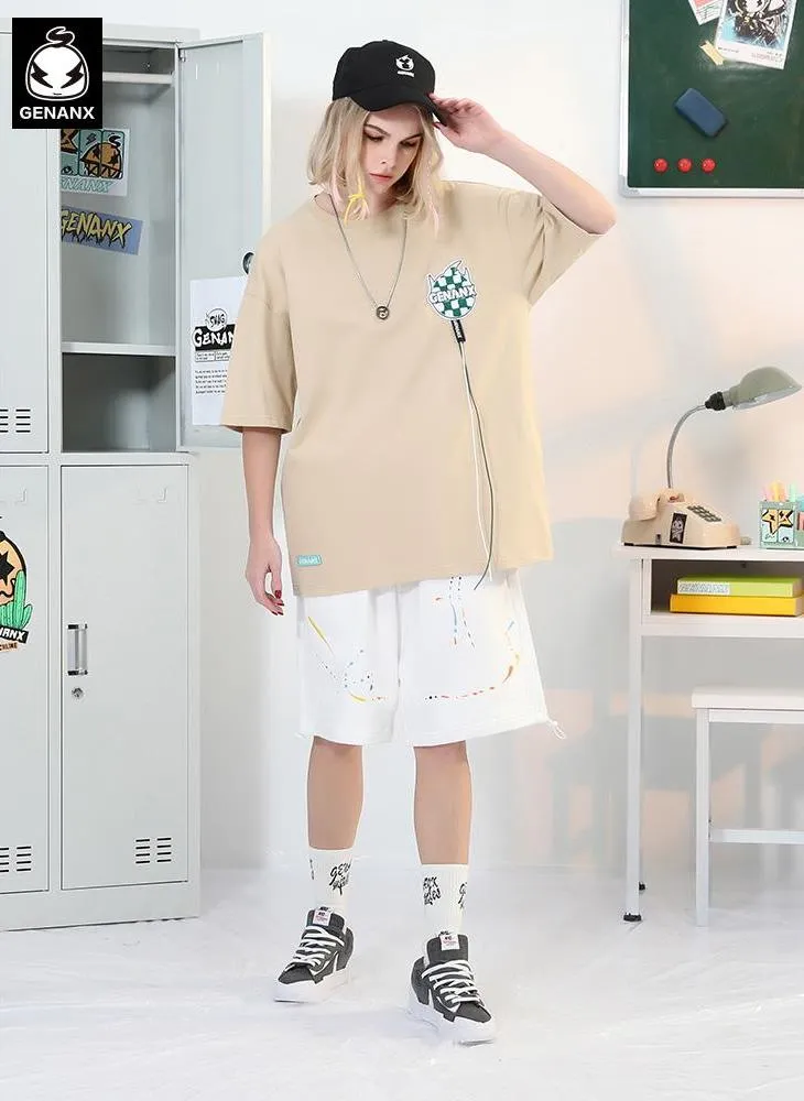 Cartoon Print Checkerboard Letter Embroidery Label Cord T-Shirt