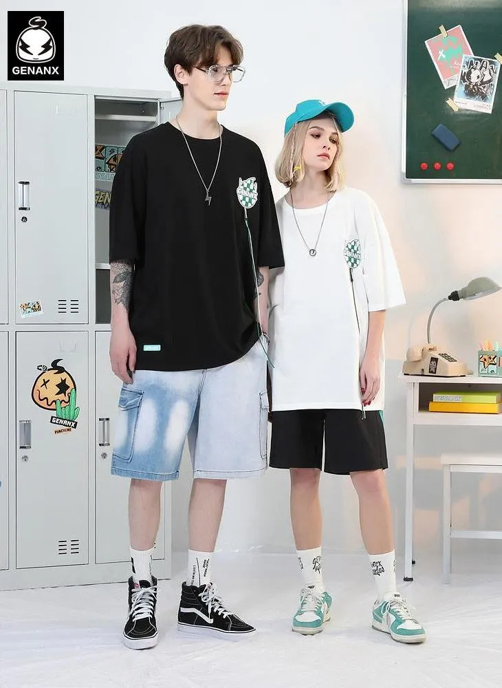 Cartoon Print Checkerboard Letter Embroidery Label Cord T-Shirt