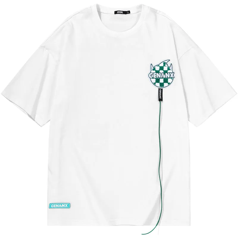 Cartoon Print Checkerboard Letter Embroidery Label Cord T-Shirt