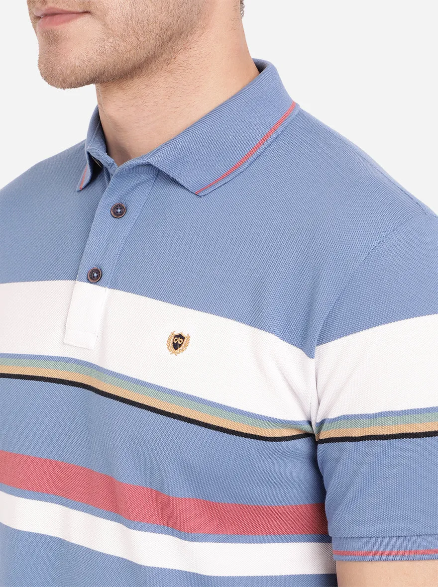 Colony Blue Striped Slim Fit Polo T-Shirt | JadeBlue