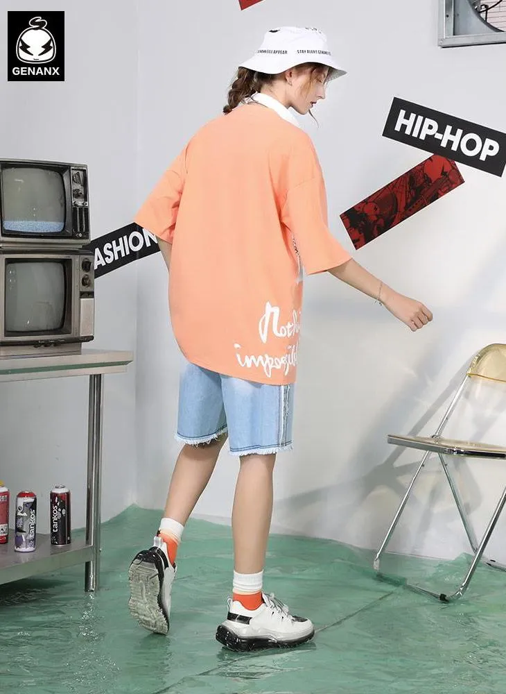 Color Block Pocket Street Print Drop-Shoulder Sleeve T-Shirt