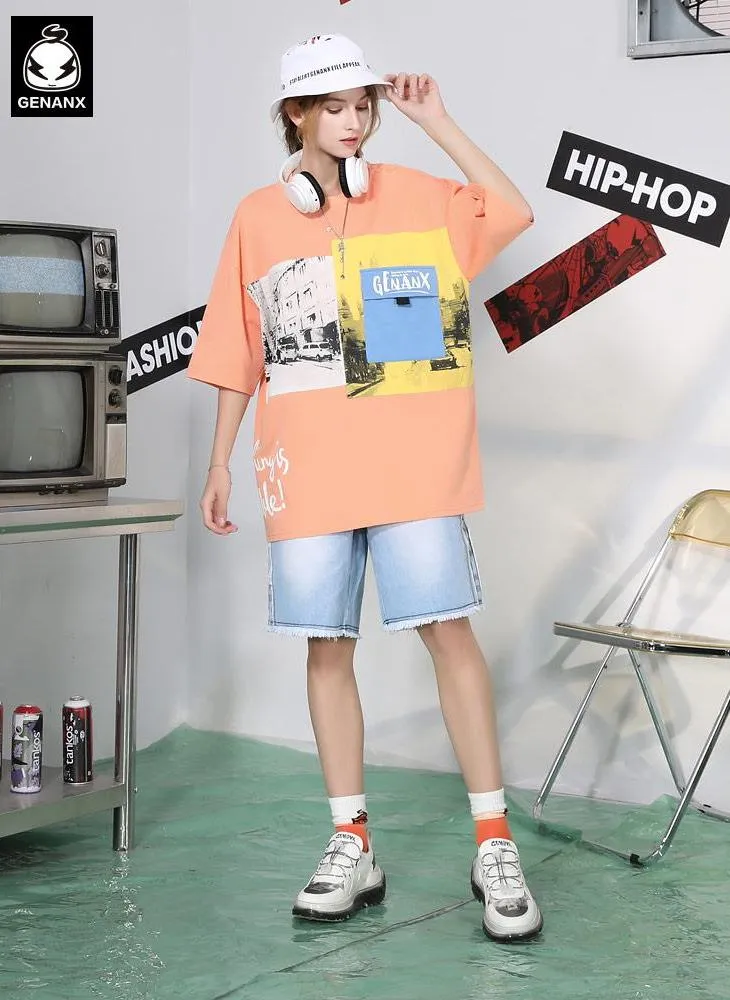 Color Block Pocket Street Print Drop-Shoulder Sleeve T-Shirt