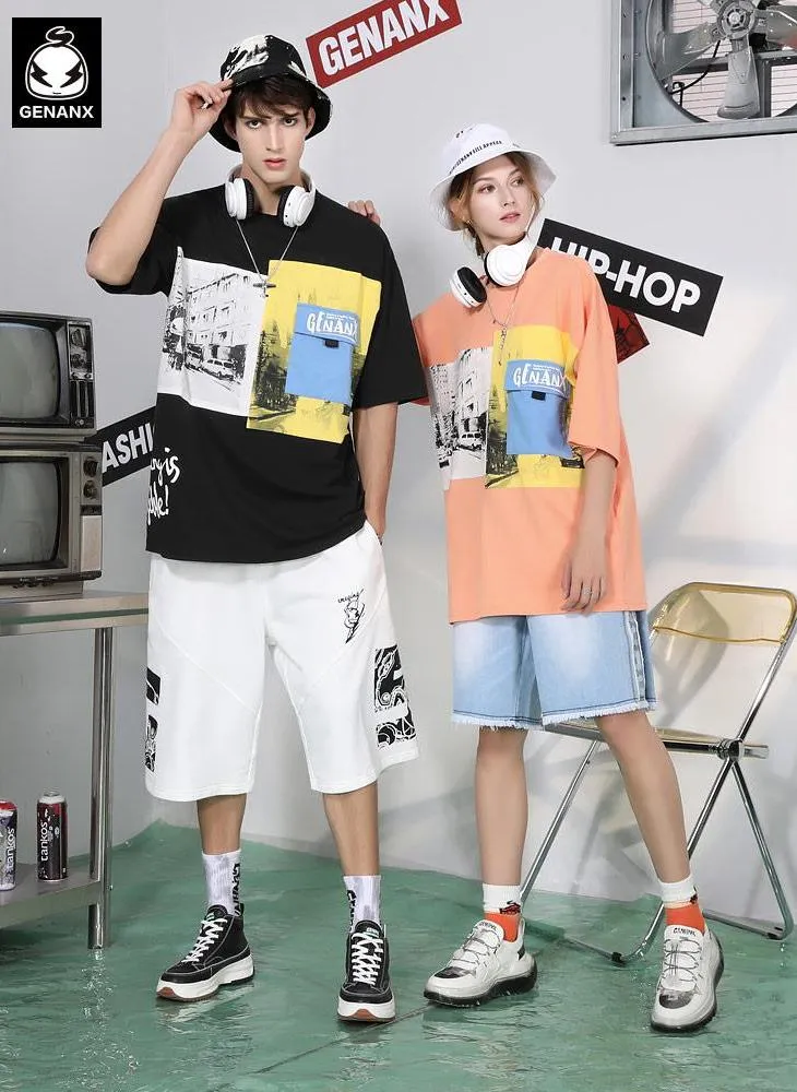 Color Block Pocket Street Print Drop-Shoulder Sleeve T-Shirt