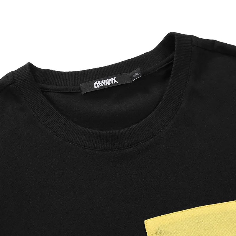 Color Block Pocket Street Print Drop-Shoulder Sleeve T-Shirt