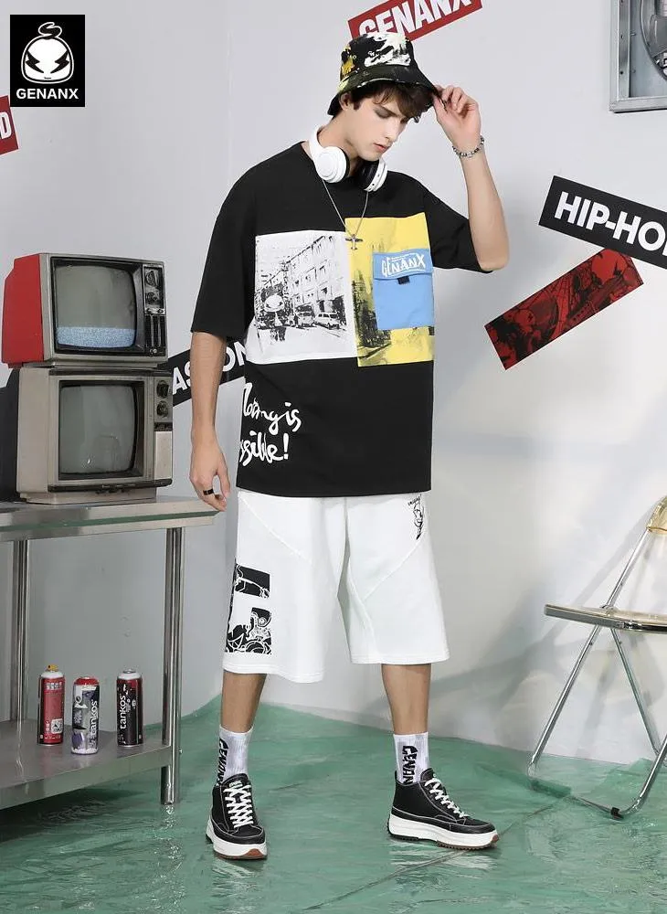 Color Block Pocket Street Print Drop-Shoulder Sleeve T-Shirt