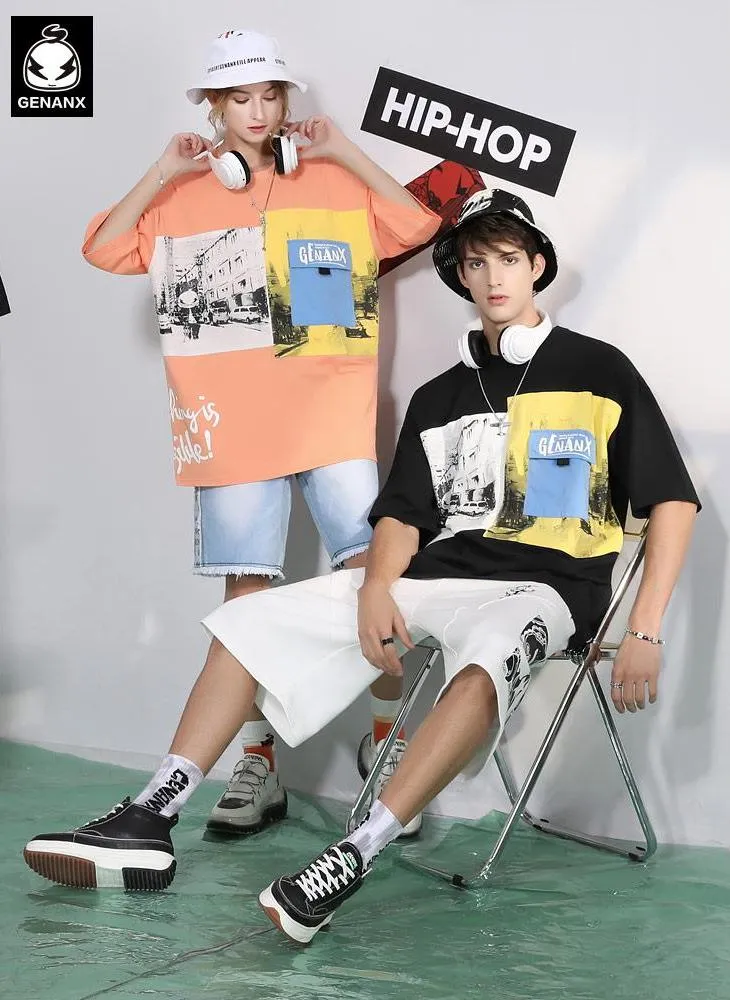 Color Block Pocket Street Print Drop-Shoulder Sleeve T-Shirt
