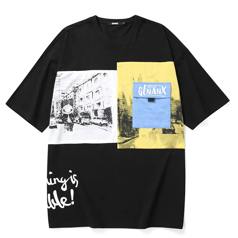Color Block Pocket Street Print Drop-Shoulder Sleeve T-Shirt