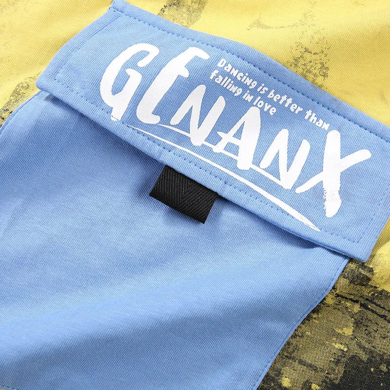 Color Block Pocket Street Print Drop-Shoulder Sleeve T-Shirt