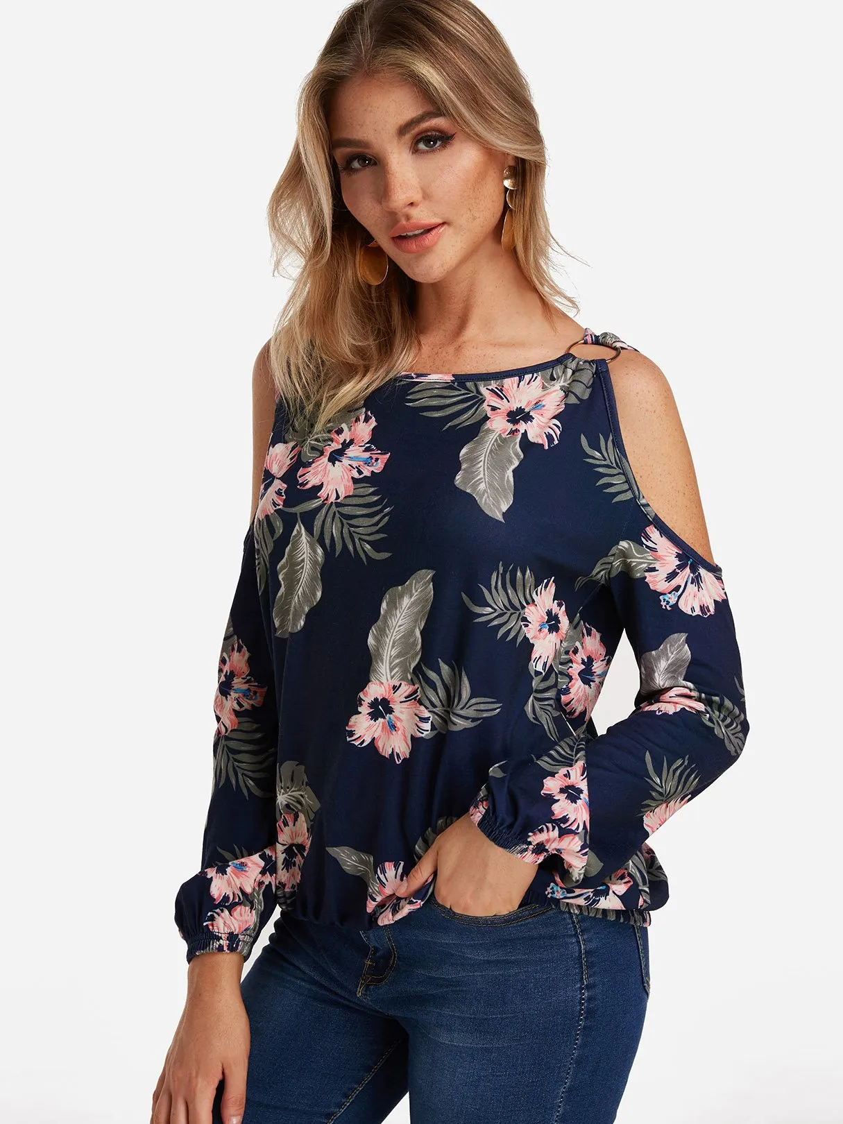 Custom Cold Shoulder Floral Print Cut Out Long Sleeve Navy T-Shirts