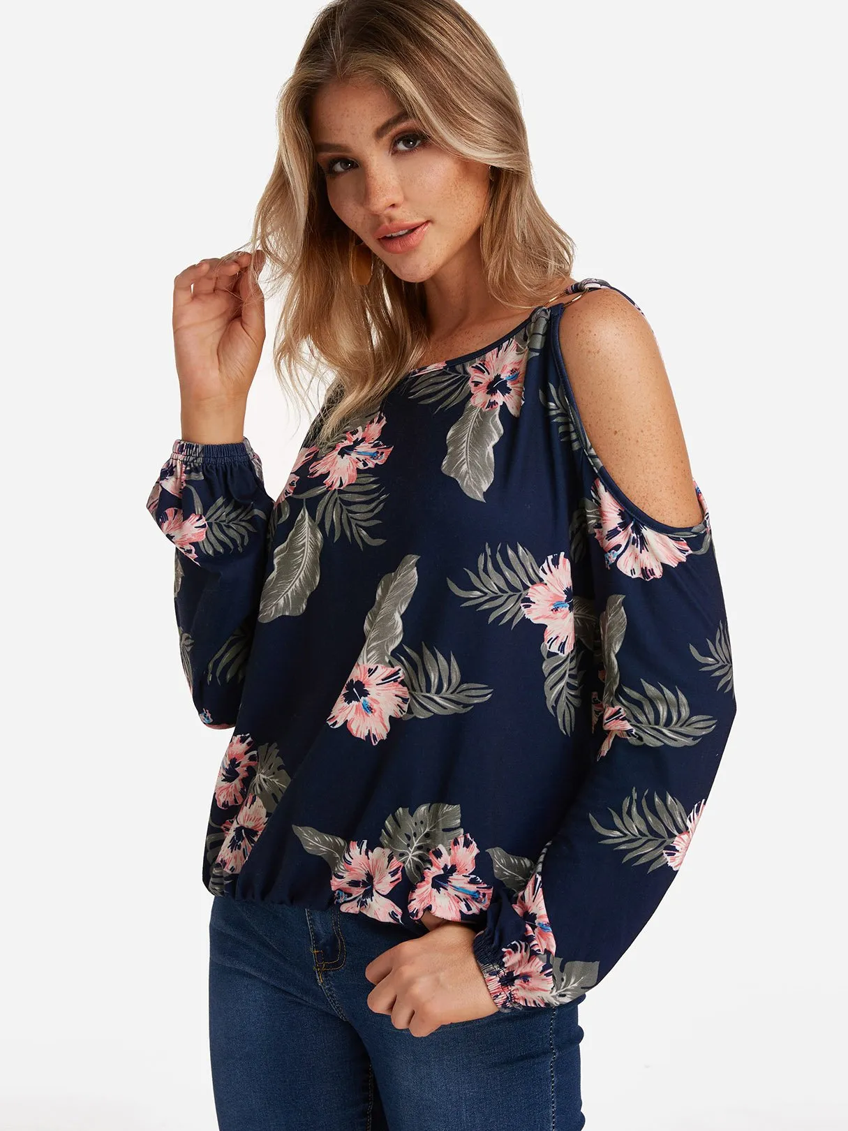 Custom Cold Shoulder Floral Print Cut Out Long Sleeve Navy T-Shirts