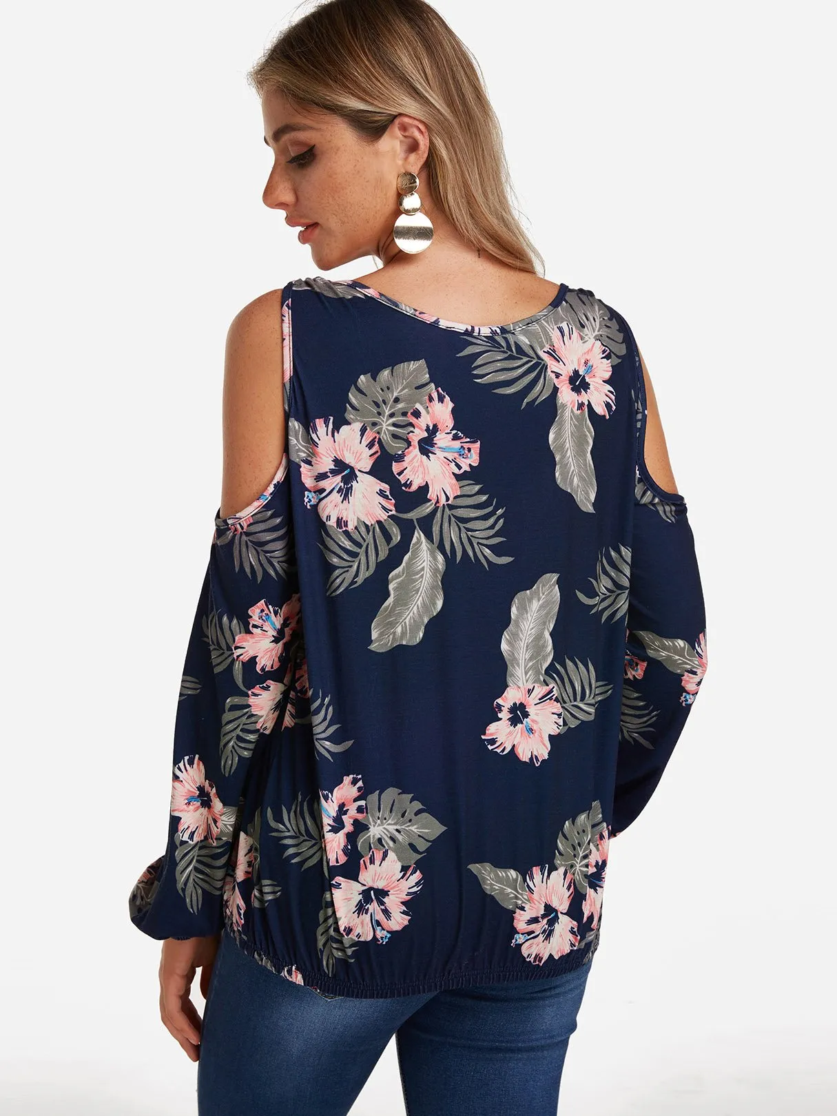 Custom Cold Shoulder Floral Print Cut Out Long Sleeve Navy T-Shirts