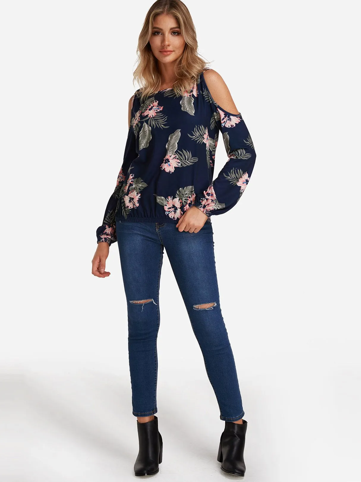 Custom Cold Shoulder Floral Print Cut Out Long Sleeve Navy T-Shirts