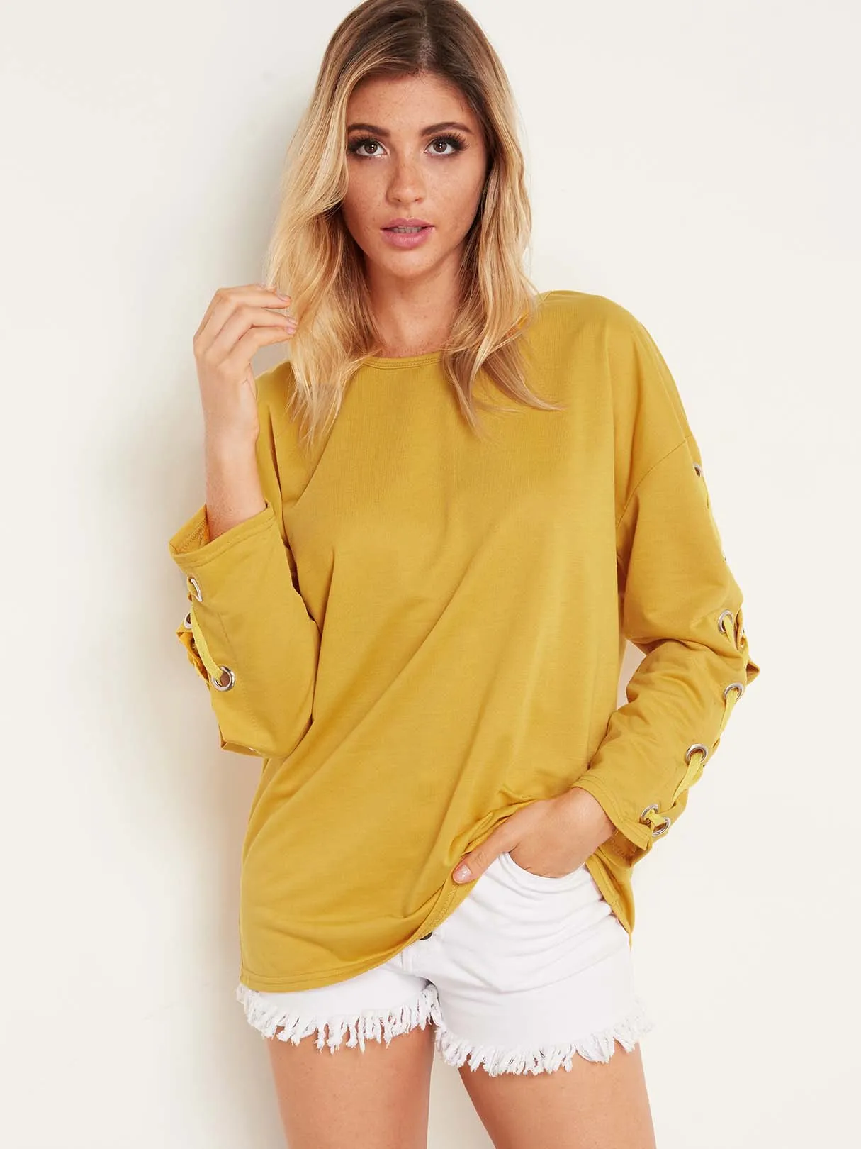 Custom Round Neck Plain Tie-Up Long Sleeve Yellow T-Shirts