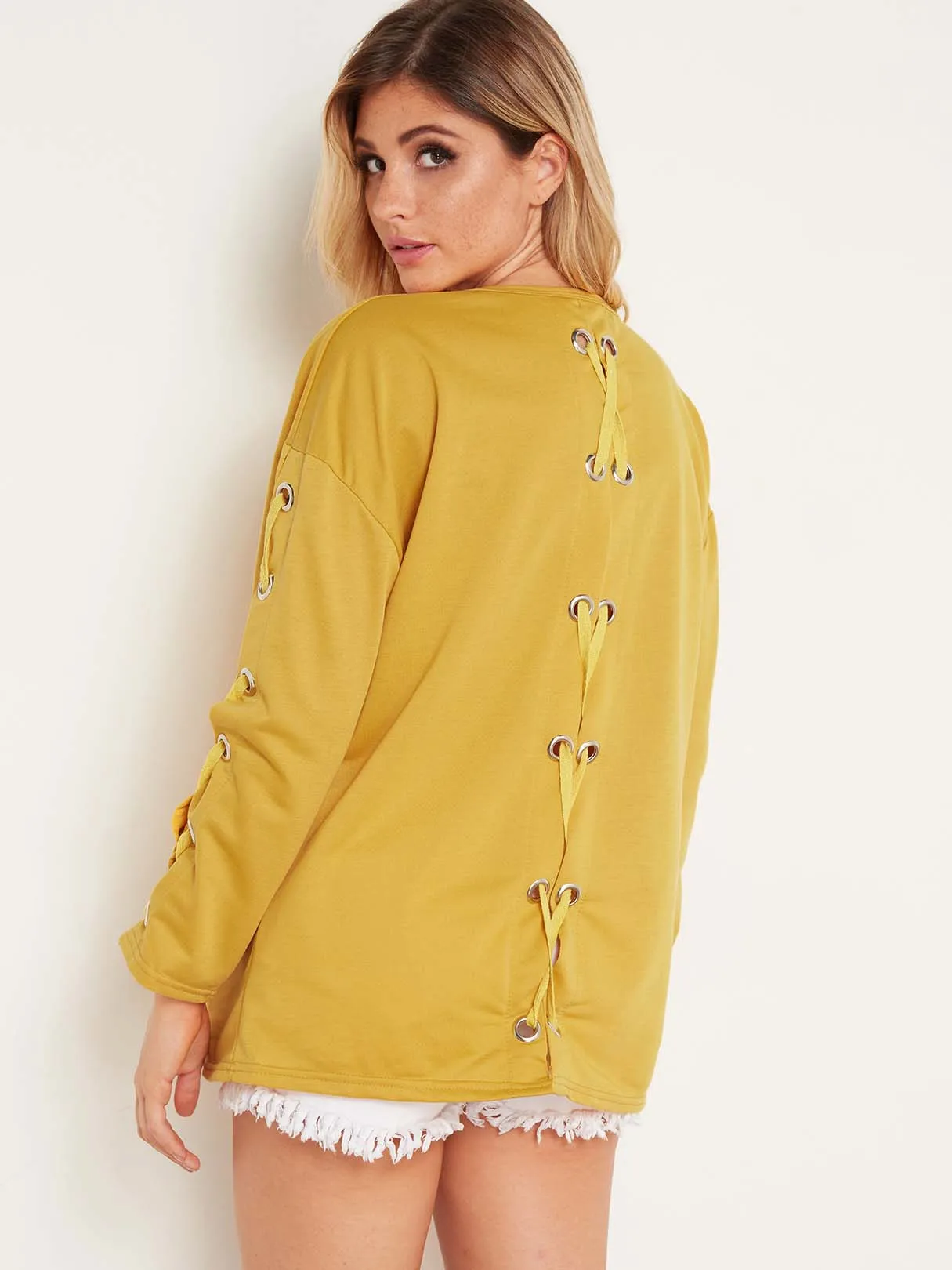 Custom Round Neck Plain Tie-Up Long Sleeve Yellow T-Shirts