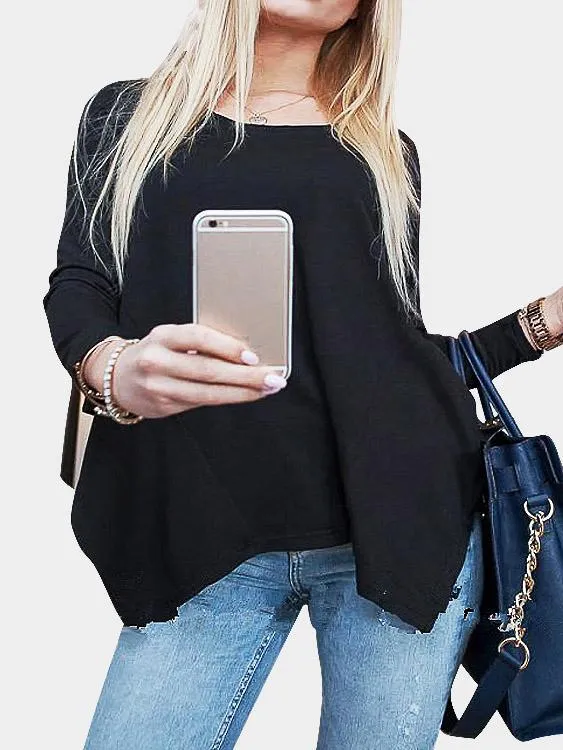 Custom Round Neck Pleated Long Sleeve Irregular Hem Black T-Shirts