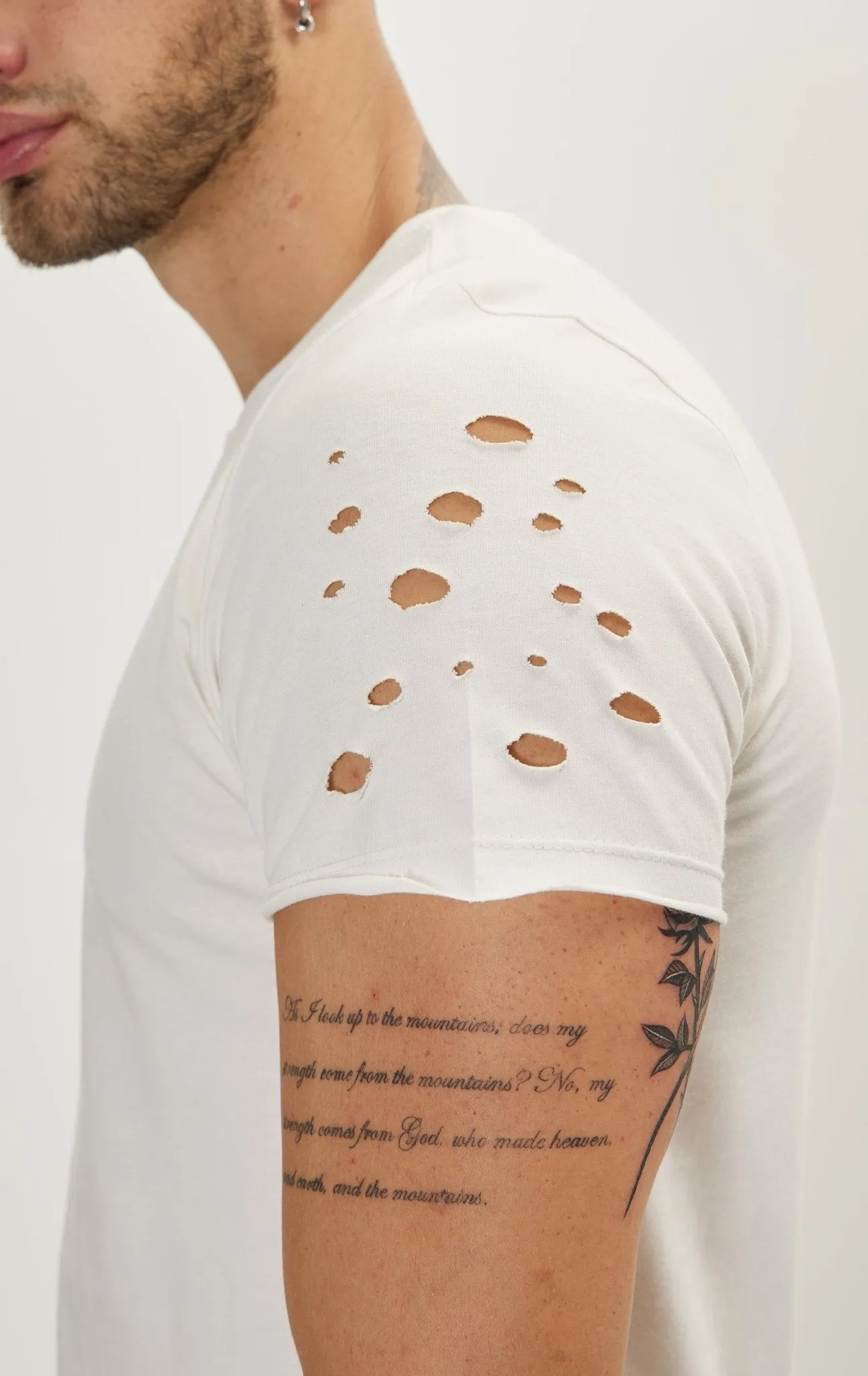 Distressed Button Down T-Shirt -Off White
