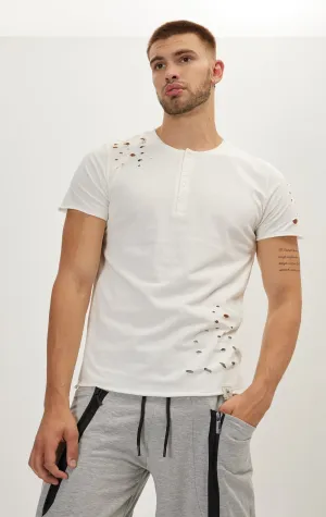 Distressed Button Down T-Shirt -Off White
