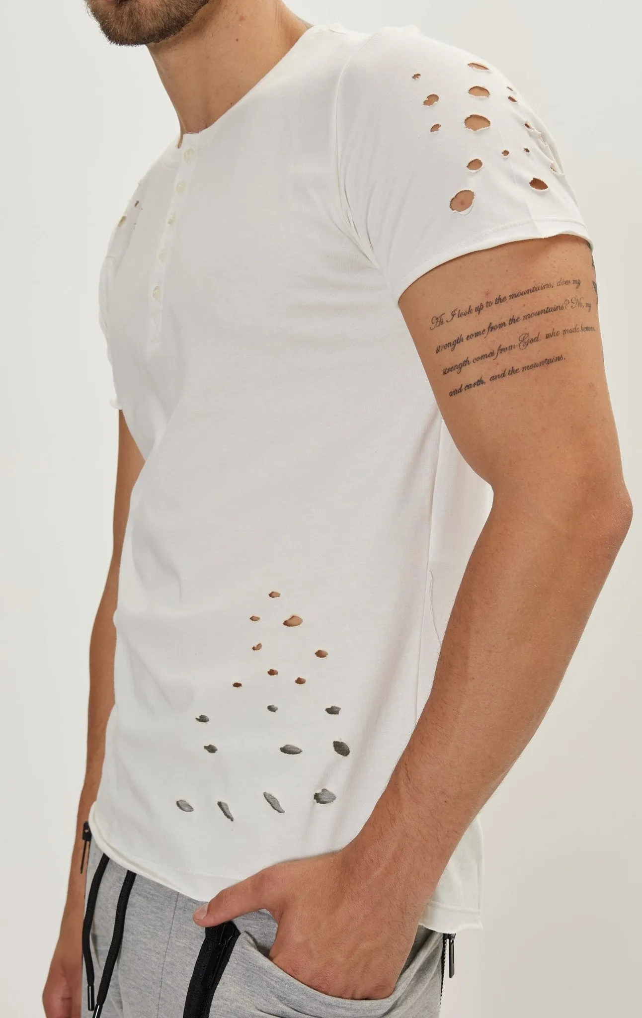 Distressed Button Down T-Shirt -Off White