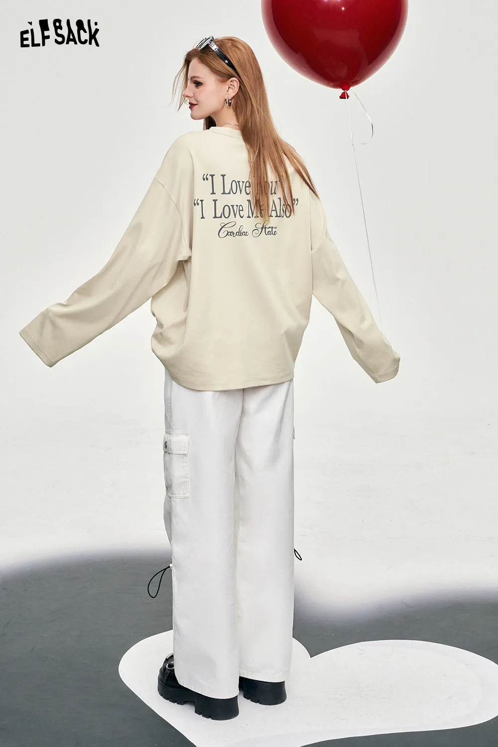 ELFSACK alphabet printing long sleeve crew neck T-shirt solid color Y2K casual loose oversize cotton top