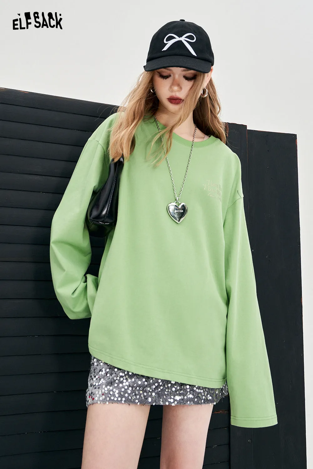 ELFSACK alphabet printing long sleeve crew neck T-shirt solid color Y2K casual loose oversize cotton top